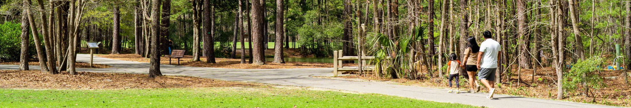 A family walking on a trail surrounded by trees