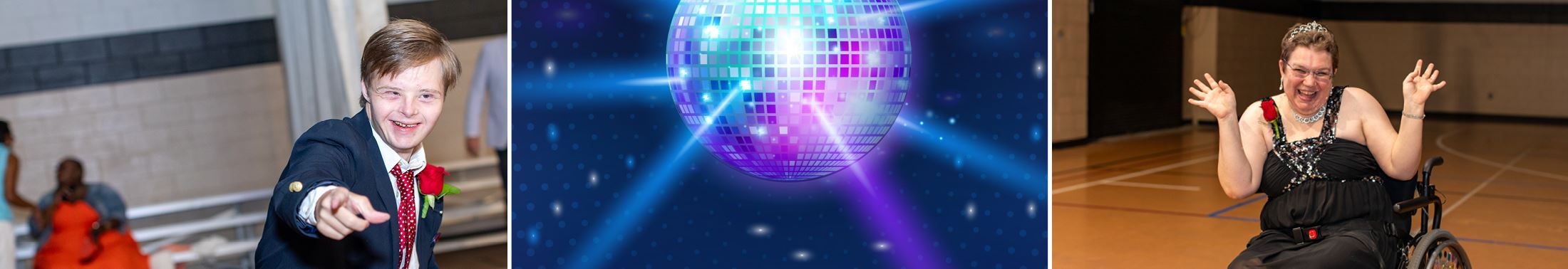 Picture collage with a disco ball and guests dancing at past inclusive dances.