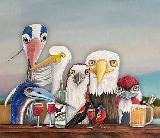 Illustrated image of birds with wine and beer glasses sitting on a wooden perch in front of marsh.