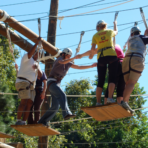 A group climbs the high Challenge Course at James Island County Park