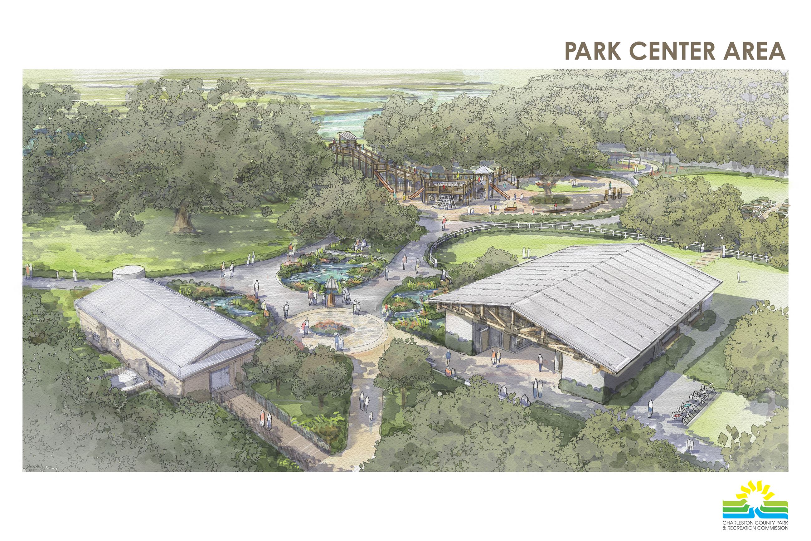 Digital rendering of a future office building, covered shelter, playground and walkways